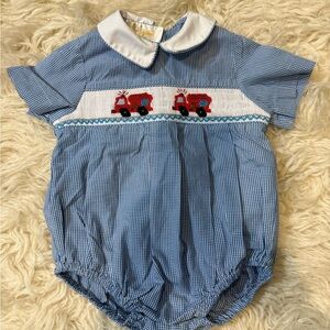Blue Gingham Kids One Piece with Red Tractor Design